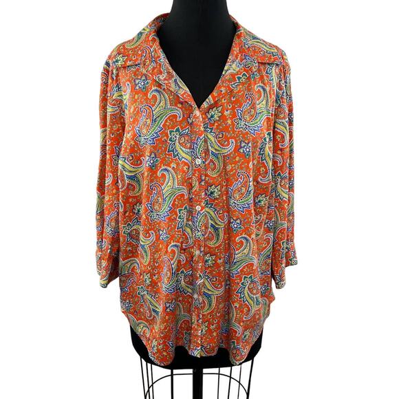Lauren Ralph Lauren Orange Paisley Floral 3/4 Sleeve Button Down Shirt Plus 2X - Picture 1 of 9